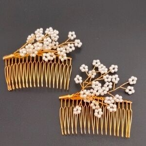 Set Of 2 Elegant Goldtone and White Faux Pearl Hair Combs
